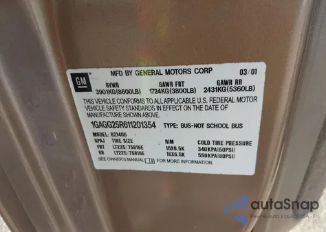 2001 Chevrolet Express from USA, damaged, VIN 1GAGG25R611201354